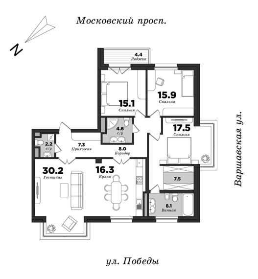 Победы, 5, 3 спальни, 133 м² | планировка элитных квартир Санкт-Петербурга | М16